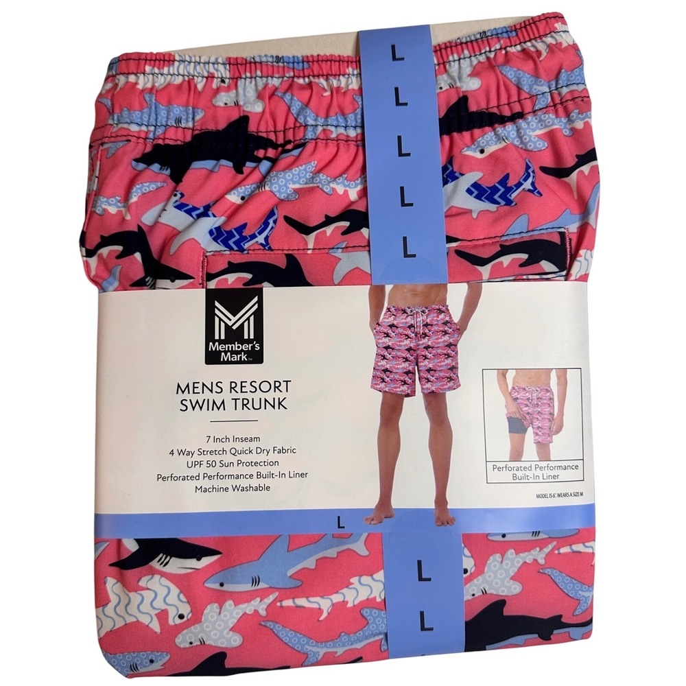 Member's Mark Resort Swim Trunks Shark Print Quick Dry UPF 50 Men's Large‎ NWT